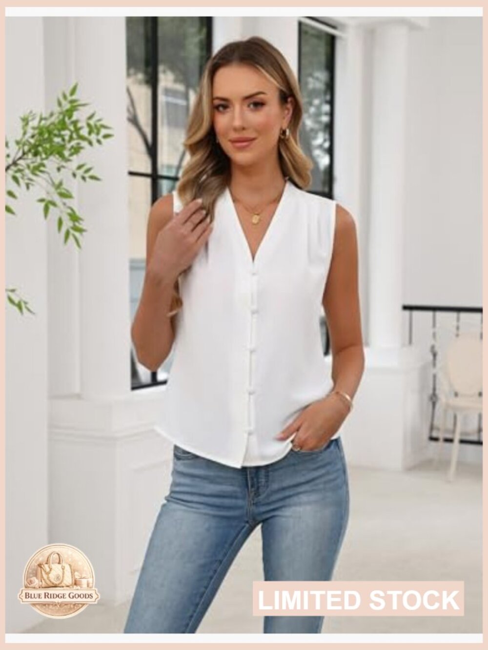 Button Down Tank Top Pleated V Neck Sleeveless Blouse Business Casual Work Top - Picture 2 of 7